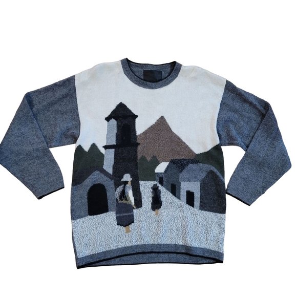 100% baby alpaca wool sweater with depiction of a mother daughter and village - Picture 10 of 12